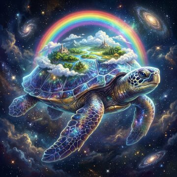 World turtle day: majestic sea turtle carrying a floating lush landscape with rainbow arch in cosmos