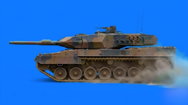 A high-fidelity 3D render of a Leopard 2 main battle tank in standard military camouflage, viewed from the side profile. This modern heavy combat vehicle layout with moving tracks and rotating turret 