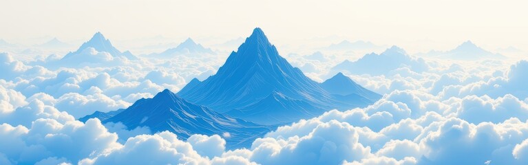 Fototapeta premium Blue mountain peaks rise above a vast sea of fluffy white clouds in a serene landscape scene.