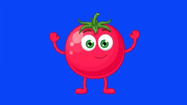 A bright flat vector style 2D animated tomato mascot character with green eyes and a big smile raising its hands joyfully. This cheerful healthy vegetable asset is perfectly isolated on a solid blue b
