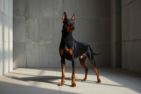 Alert Doberman pinscher stands in sunlight inside a modern concrete room, casting a sharp shadow on the floor.