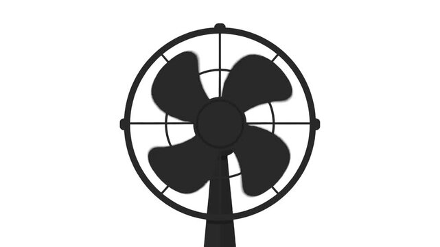 A simple 2D vector illustration of a stationary electric desk fan with visible blades and a grid cage. This clean black-on-white icon is designed as a universal element for web, mobile apps, or motion
