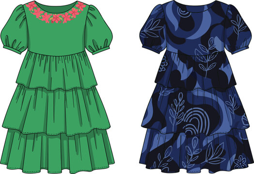 Stylish women summer dress collection vector featuring floral embroidery layered fashion and contemporary textile pattern designs