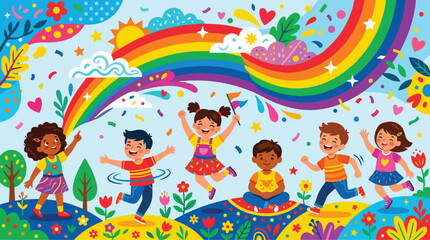 Naklejka premium Diverse Kids Celebrate Joyfully Under Rainbow and Confetti