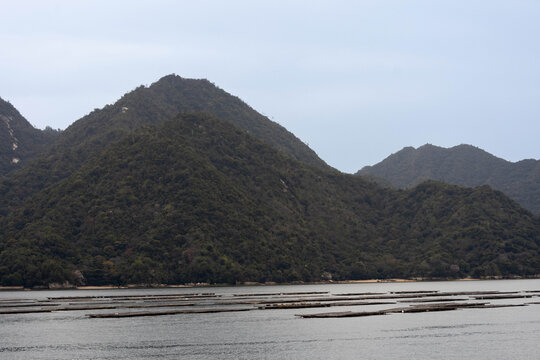 Coastal view of the Miyajima island hills from the ferry, Hiroshima, Japan
