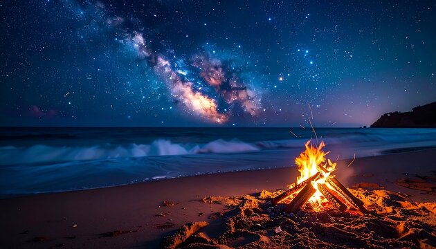 A campfire burns brightly on a beach under a starry night sky with the Milky Way visible in the distance.