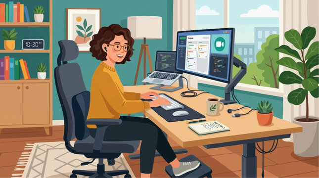 2D Flat Vector Woman working from home at a desk with multiple monitors and laptop