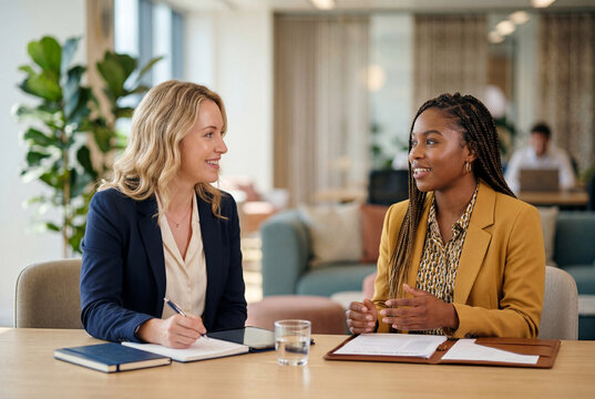 Caucasian female manager interviewing an applicant across a wooden table in a bright modern office