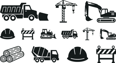 Construction Machinery and Industrial Equipment Icons Set with Crane Excavator Dump Truck and Safety Helmet © MD