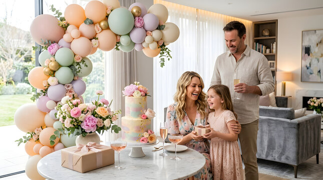 A heartwarming family celebration unfolds with a young girl receiving a thoughtful gift amidst pastel balloons and a tiered cake, creating precious memories