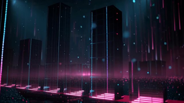 Abstract digital cityscape with animated neon equalizer bars at night.
