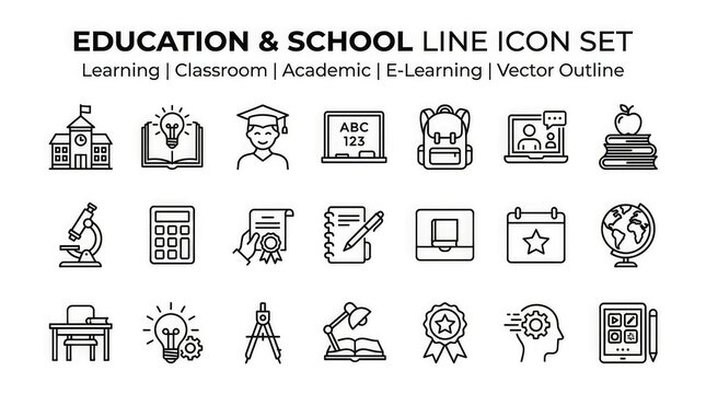 Education and school line icon set including learning classroom academic e learning vector outline symbols