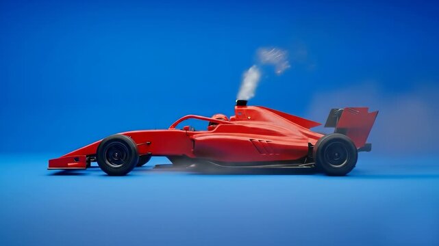 A red formula racing car sits stationary while white smoke billows from its engine exhaust. This high-speed motorsport vehicle asset is isolated on a chroma key blue screen.