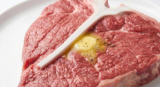 A professional product shot of a thick-cut T-Bone steak resting flat.