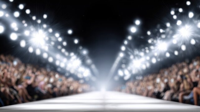 Blurred fashion runway with bright spotlights and audience in luxury show venue. Abstract catwalk background with dramatic lighting, glamorous atmosphere and modern fashion week concept