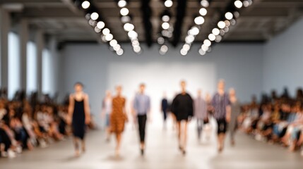 Fototapeta premium Blurred fashion runway with models walking on catwalk during modern fashion show. Defocused podium scene with audience, bright spotlights and luxury event atmosphere in contemporary