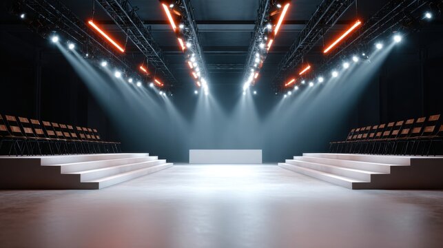 Modern fashion runway with dramatic spotlights and empty podium before luxury catwalk show. Professional stage lighting, audience seating and minimalist fashion event setup in dark studio