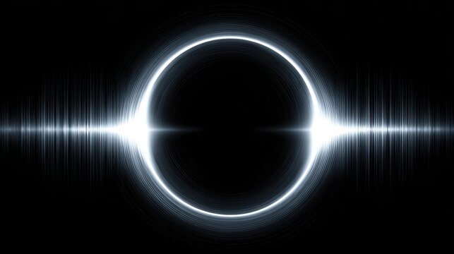 Abstract visual representation of sound waves emanating from a circular center in a dark background with glowing effects