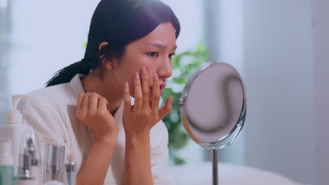 Anxious asian woman look into round vanity mirror to examine face with deep concern checking skin health condition touching blemish applying milk cosmetic product during morning beauty routine