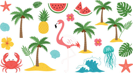 "Set of Tropical Beach Illustrations with Flamingo, Palms, Pineapple, Crab, Watermelon, and Jellyfish" © MDEsmayil