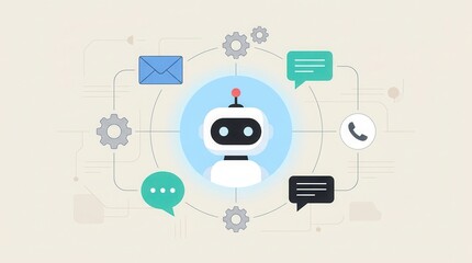 Fototapeta premium Customer service automation workflow featuring a chatbot icon, email, phone, and messaging symbols.