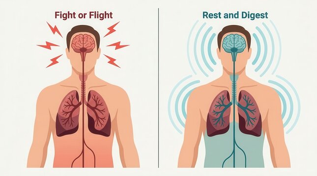 Diagram of the human body illustrating fight or flight and rest and digest states via vagus nerve activation.