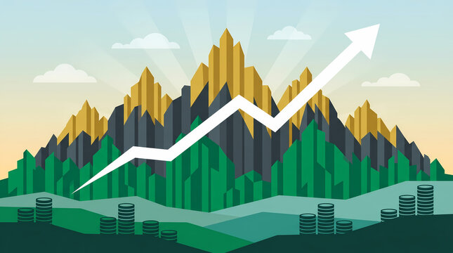 Financial growth concept illustration of a rising arrow over a mountain landscape with stacks of coins.