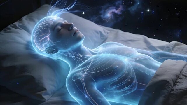 Ethereal Astral Projection Energy Body Floating Above Bed in Cosmic Deep Space Dreamscape Scene