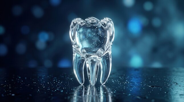 Translucent tooth model concept representing dental prosthetic restoration and tooth replacement on a dark reflective surface.