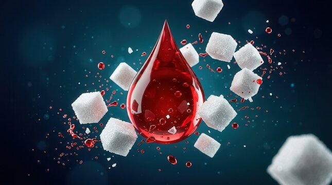 Concept of blood sugar control with a large red drop and white sugar cubes in motion.