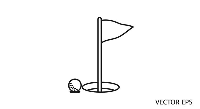 Golf hole with flag and ball icon, minimalist line art vector illustration