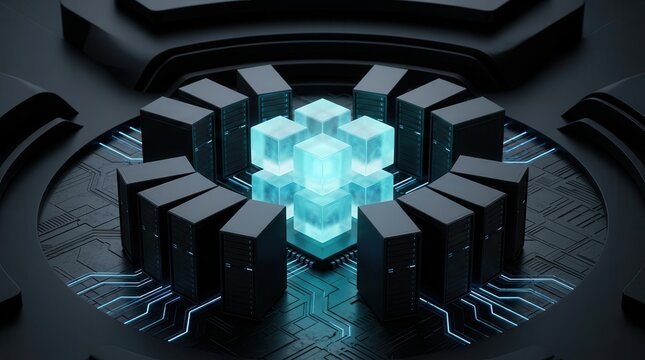 AI infrastructure and compute orchestration concept featuring a glowing central node and modular server racks.