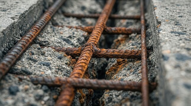 Structural reinforcement condition assessment showing rusted rebar and concrete mortar.