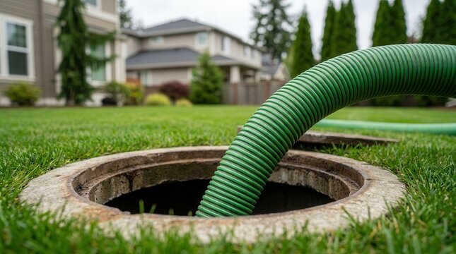 Residential sewer maintenance service with a green suction hose in an open manhole on a lawn.