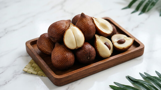 Premium salak snake fruits, featuring peeled and sliced textures under soft studio lighting for foof photography, culinary blogs, and Southeast Asian agricultural marketing content.
