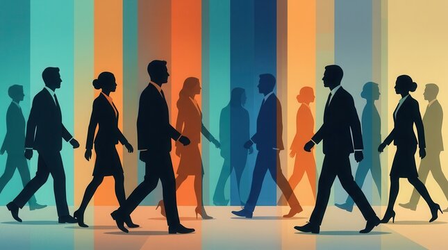 Abstract concept of employee onboarding and talent supply dynamics with silhouetted professional figures.