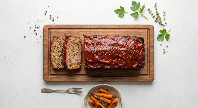 A symmetrical top-down "flat lay" of a whole, glazed meatloaf served on a rectangular wooden carving board. 