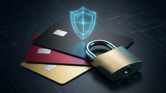Payment security concept featuring credit cards, a padlock, and a holographic shield over computer code.