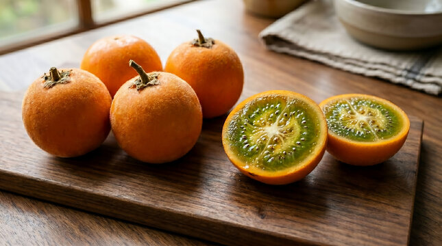Fresh lulo fruit is displayed on a wooden board at home, showcasing its vibrant green interior and fresh soft and juicy texture for healthy culinary inspiration.