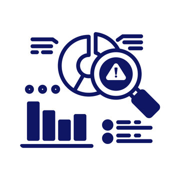 Data analysis icon with magnifying glass and warning sign isolated on transparent background