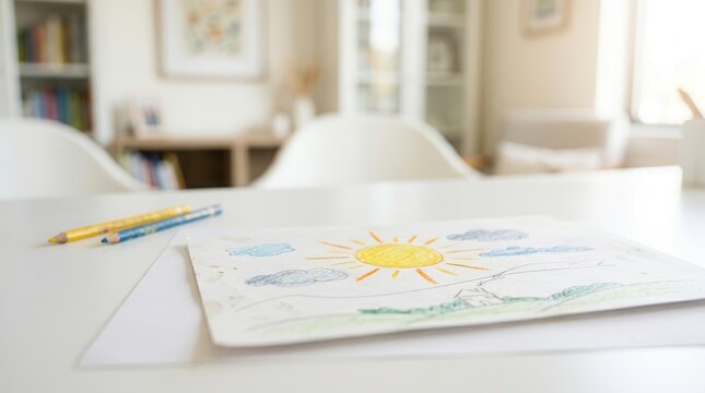 Play therapy art featuring a sun and landscape drawing on a desk to express emotion and support child psychology.