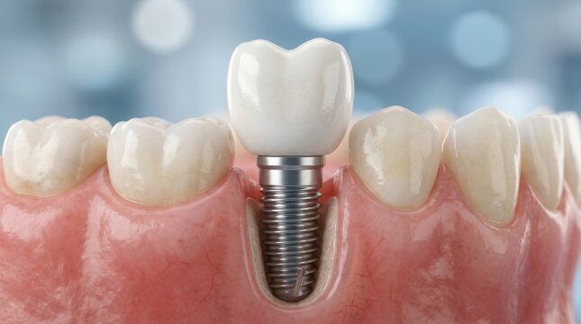 Dental implant therapy concept showing a titanium screw and crown in restorative dentistry.