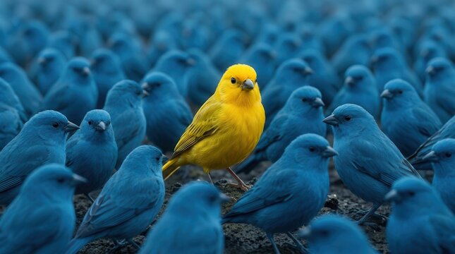 One unique yellow bird amidst a massive group of identical blue birds representing individuality.