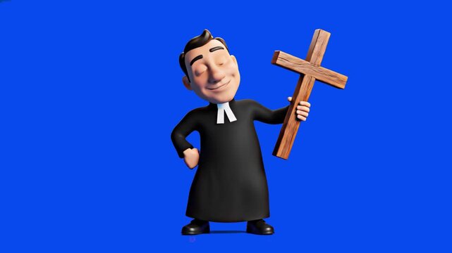 A cheerful 3D animated catholic priest or pastor character in a traditional black cassock stands smiling next to a stack of ancient books, holding up a large wooden holy cross against a solid blue bac