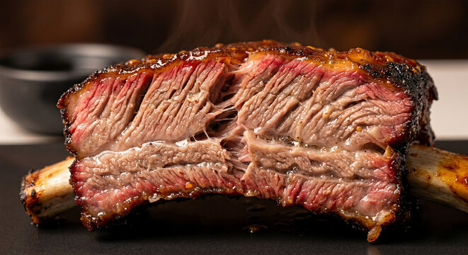 A close-up shot focusing on the texture of the meat as two bones are gently pulled apart.