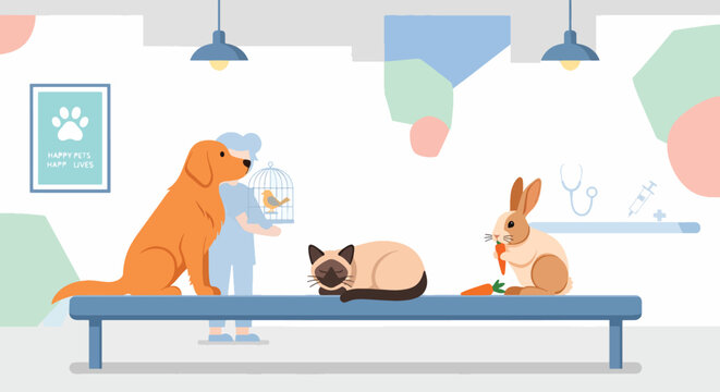 Illustration of a veterinarian examining a cat on a table with a dog and rabbit present in a colorful veterinary clinic.