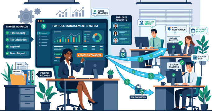 Automated payroll management system vector illustration showing HR accountant processing secure digital employee salary deposits in office workspace landscape.
