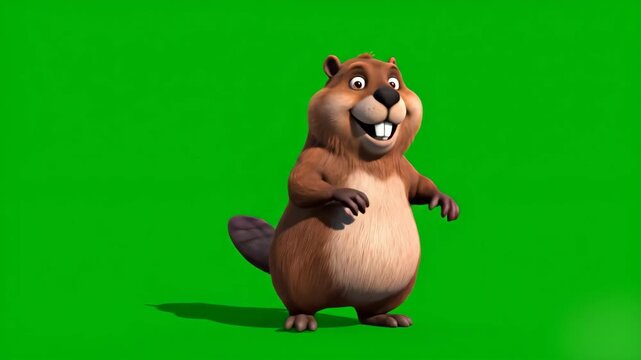 A high-quality 3D digital animation of a fluffy brown beaver character dancing on the spot. The realistic cartoon animal is waving its paws and moving rhythmically, isolated on a solid green screen ch