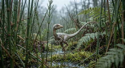 Naklejka premium A photorealistic nature shot looking through tall prehistoric horsetails and reeds at an alert Compsognathus standing on one leg. Overcast sky creates soft, diffused lighting that accentuates the damp
