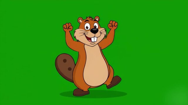 A vibrant 2D vector animation asset of a happy brown beaver character. The animal is celebrating, smiling, and dancing energetically with its arms raised in the air, completely isolated on a solid gre